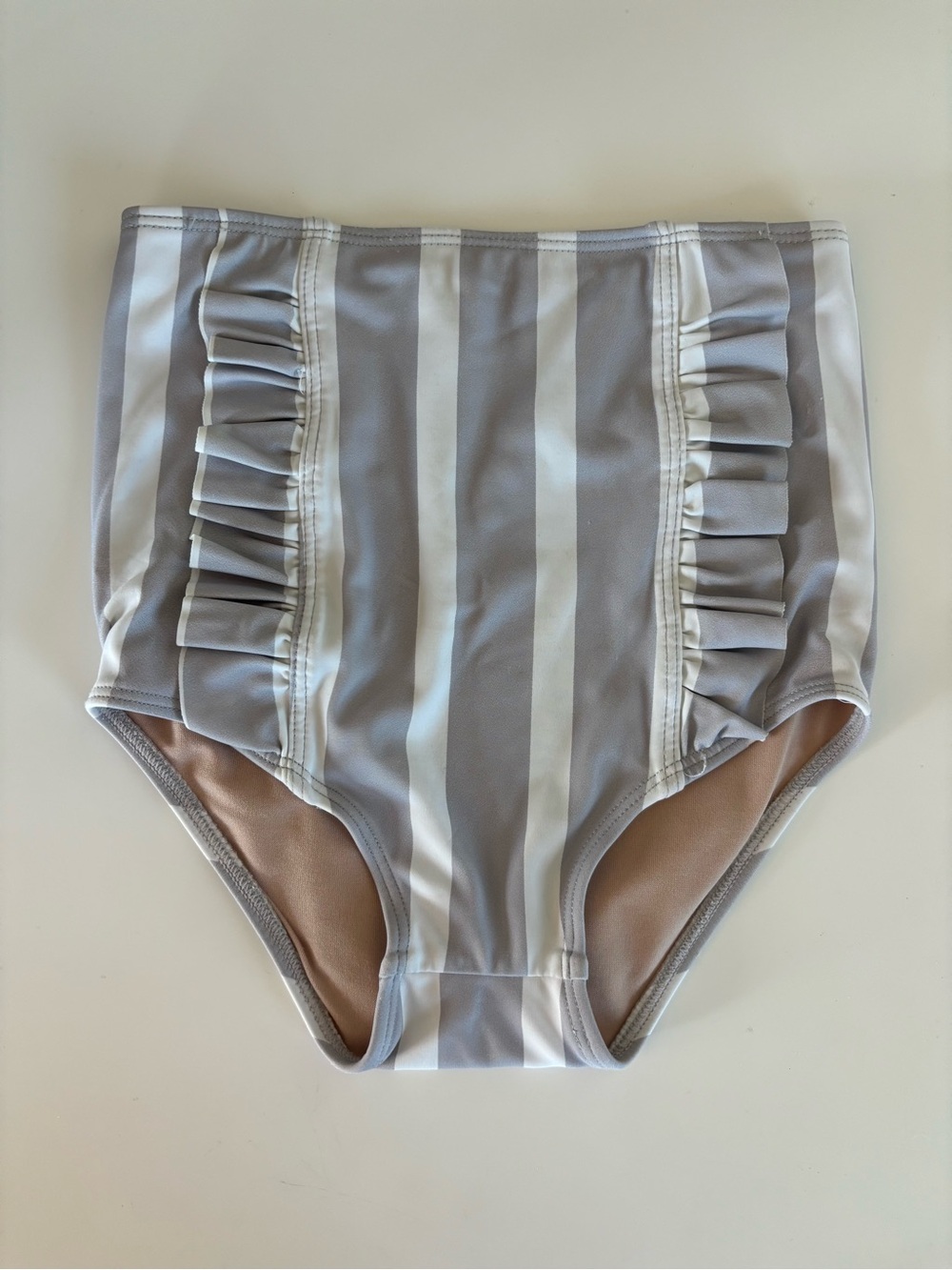 Kortni Jeane Gray & White Striped Ruffle High-Waist Swim Shorts